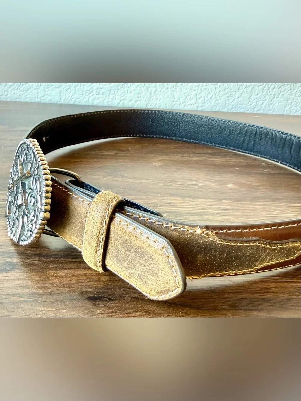 Women's Tan Leather Belt with Ornate Silver Western Buckle Size 24